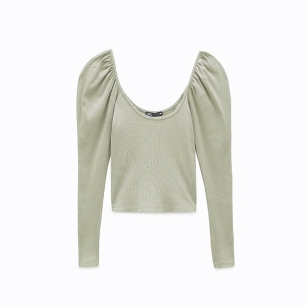 Sage Green Zara Balloon Sleeve Ribbed Top